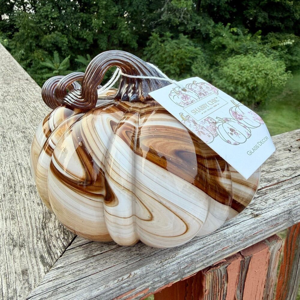 NEW Shabby Chic Glass Pumpkin 5” Tall White Mocha Brown Marbled Pumpkin